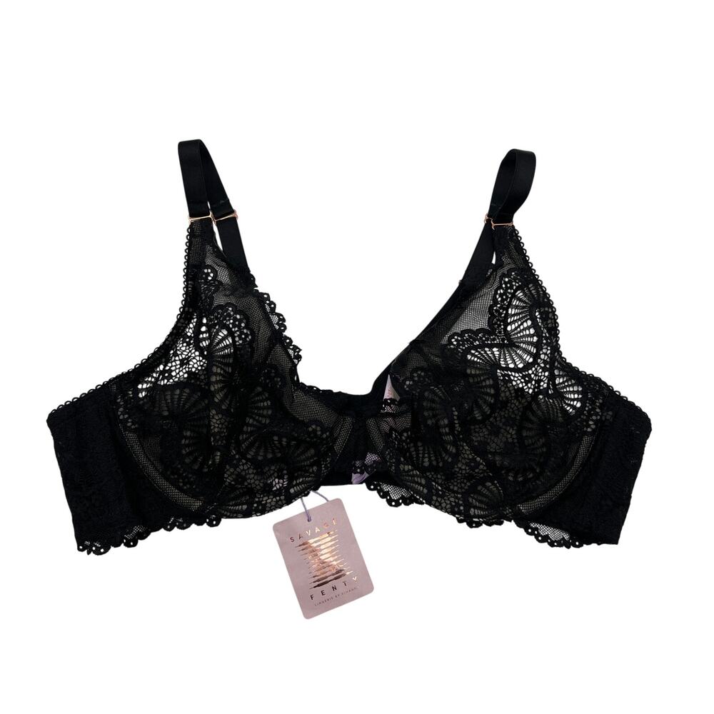 SAVAGE X FENTY FLORAL LACE UNLINED UNDERWIRE PLUNGE BRA BLACK SIZE 44D NEW